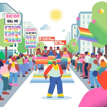 A vibrant parade is taking place in a lively city street, filled with people of diverse backgrounds celebrating gender equality. Colorful banners with empowering messages flutter in the breeze, each banner adorned with bright rainbow colors. A large float featuring a group of diverse individuals holding hands, representing unity and inclusivity, moves gracefully down the street. Spectators line the sidewalks, some waving small flags and others wearing festive hats and accessories in a multitude of hues. Balloons in various shapes and colors are floating above the crowd, adding to the cheerful atmosphere. The sun is shining brightly, casting joyful light on the scene, enhancing the colorful surroundings.