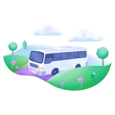 A white bus is emerging from a light morning mist in a rural landscape. The bus is positioned centrally, with its headlights on, cutting through the haze. Surrounding the bus are rolling green hills dotted with wildflowers in various pastel colors. In the background, there are clusters of trees with soft leaves gently swaying. The sky above is a pale blue, with soft, fluffy clouds drifting lazily. The light mist subtly envelops the scene, enhancing the tranquil atmosphere of the countryside.