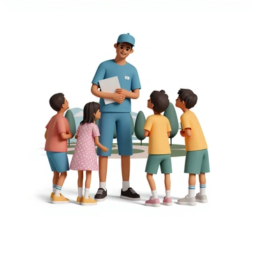 A postman, wearing a blue uniform and a cap, stands with a friendly expression as he chats with a group of children. The children, three in total, are wearing colorful clothing; one boy is in a red t-shirt with blue shorts, another girl has on a pink dress with white polka dots, and a third child is in a yellow t-shirt and green shorts. They all stand eagerly around the postman, who is holding a clipboard. Their faces are filled with excitement as they look up at him, anticipating the arrival of a package. In the background, a sunny park setting can be seen, with trees and a pathway.