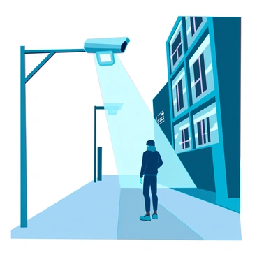 A surveillance camera mounted on a tall pole, positioned to monitor a deserted street below. In the frame of the camera's view, a suspicious figure is partially illuminated by a nearby street lamp. The figure is wearing a dark hooded jacket and is standing with their back to the camera, glancing around cautiously. Shadows cast by the street lamp stretch across the pavement, adding a sense of tension to the scene. The surrounding buildings are modern and sleek, with reflective glass windows that catch the light. The atmosphere is tense and silent, highlighting the eerie emptiness of the street.