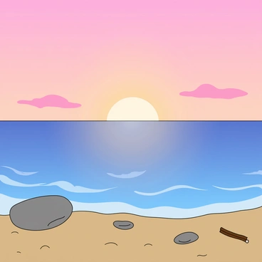 A wide view of the ocean during sunset with calm waters. The sky is filled with soft pastel shades of pink and purple blending seamlessly. The sun is low on the horizon, casting a gentle light across the water, creating a reflective shimmer. A few fluffy clouds are visible, tinted in similar pastel colors. In the foreground, there are smooth, rounded rocks along the shoreline, with a few small pieces of driftwood scattered on the sand.