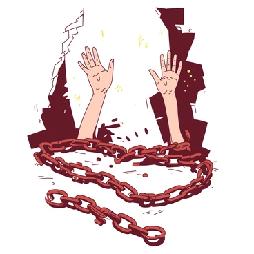 Two hands emerge powerfully from a set of heavy, rusted chains, with the chains visibly breaking apart. The fingers are outstretched as if reaching for something beyond, showcasing strength and determination. Bright light streams through a small opening above, casting rays that illuminate the hands and the surrounding area, creating a dramatic contrast. Shadows of the chains stretch across the surface beneath, emphasizing the struggle for freedom.