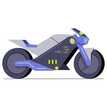 A futuristic motorcycle design featuring a sleek, aerodynamic frame with sharp angles and a shiny metallic finish. The motorcycle has large, glowing wheels that appear to hover slightly off the ground. The seat is streamlined and surrounded by colorful LED lights. A digital dashboard is integrated into the handlebars, displaying various data. The motorcycle has an overall color scheme of deep blue and silver, with neon accents. The background is simple to keep the focus on the motorcycle design.