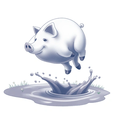 A pig with a plump body and a cheerful expression is leaping into a muddy puddle. Its ears are perked up, and its hooves are mid-air, creating a dynamic sense of motion. Water is splashing up dramatically around the pig, with droplets captured in mid-air. The muddy ground shows signs of disturbance from the pig's jump, with small ripples forming on the surface of the puddle. In the background, there are hints of grass and a few scattered wildflowers.
