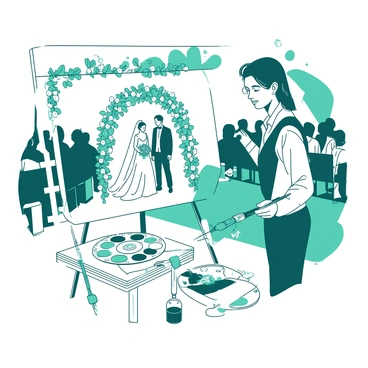 An artist with a focused expression is standing beside a white easel, capturing a wedding ceremony in progress. The easel holds a canvas showing a partially painted scene of the bride and groom standing beneath an arch adorned with flowers. In the foreground, the artist has a palette filled with various colors and is holding a brush ready to add more details to the canvas. Behind the artist, guests are seated in rows, and the venue is decorated with teal and white flowers. The setting is vibrant and filled with a sense of celebration.
