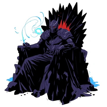 A dark figure resembling "Morgoth" sits upon a large, imposing throne made of jagged black stone. The throne has intricate designs that hint at ancient craftsmanship. Surrounding him are swirling "shadows" that shift and flow, creating an aura of mystery and menace. The atmosphere is thick with darkness, and hints of a faint light cast from an unseen source create a stark contrast against the shadows. Morgoth is adorned in armor that glimmers subtly, showing traces of "white" and "red," reflecting his sinister presence within the dark realm of Angband.