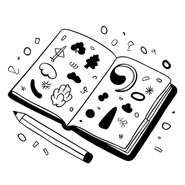 An open sketchbook lies on a flat surface, displaying various black and white illustrations of different objects, such as trees, animals, and abstract shapes. The pages are filled with intricate line work and detailed patterns. Confetti pieces are scattered around the sketchbook, creating a sense of movement and celebration. A pencil rests next to the sketchbook, suggesting recent activity.