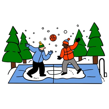 A snow-covered basketball court surrounded by tall pine trees. The court is marked with white lines, partially hidden under the fresh layer of snow. On the court, two players are engaged in a game, wearing colorful winter gear. One player has light skin and is wearing a blue jacket and black snow pants, while the other player has darker skin and is dressed in a red puffer jacket and grey sweatpants. They are both wearing winter hats and gloves, with their breath visible in the cold air. A bright red basketball is in the air, and snowflakes are gently falling around them, adding to the winter atmosphere.