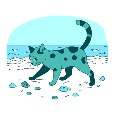A teal Bengal cat with distinctive black spots is walking along the sandy shores of a beach. The cat's ears are perked up as it curiously investigates the shoreline. Small waves are gently lapping at the edge of the sand, and there are scattered seashells and pebbles dotting the beach. In the background, a clear blue sky stretches overhead, enhancing the vibrant colors of the scene. The cat's tail is raised high, indicating its playful spirit as it explores its surroundings.