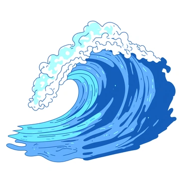 A large ocean wave is crashing towards the shore, its crest towering high above. The wave is filled with vibrant blue hues, while white foam spills over the top, creating intricate swirling designs as it rushes forward. The foam is frothy and dynamic, contrasting sharply against the deeper blue of the wave. The surface of the ocean is textured with ripples and reflects light, enhancing the movement and energy of the scene.