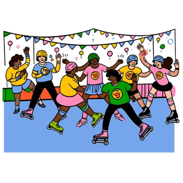 A dynamic roller derby team is practicing together in a vibrant skate rink. The team consists of diverse members with varying skin tones and hairstyles, each wearing colorful uniforms with their team logo displayed prominently. They are engaged in energetic drills, skating in different directions, and demonstrating their skills. Some team members are wearing protective gear, while others have colorful knee and elbow pads. The rink is adorned with bright banners and graffiti, creating a lively atmosphere. The floor is polished, reflecting the colorful lights overhead.