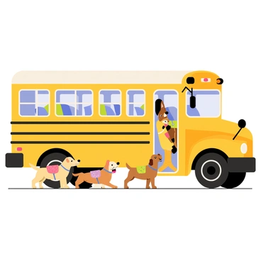 A bright yellow school bus is parked with its doors open, inviting a group of dogs to board. Each dog has a colorful backpack strapped to its back, displaying various patterns. The dogs exhibit a variety of breeds, including a golden retriever, a beagle, and a dachshund, all with wagging tails and excited expressions. Sunlight shines down, highlighting the cheerful atmosphere as they eagerly approach the bus. The bus has large windows showing the interior, which is filled with dog-friendly seating.