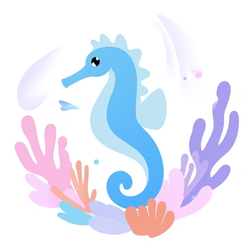 A seahorse is swimming gracefully through a lively underwater scene filled with vibrant coral reefs. The seahorse is positioned in the foreground, showcasing its elongated body and curled tail. Surrounding it are various types of corals in shades of pink, orange, and purple, gently swaying with the ocean currents. Tiny fish dart through the colorful corals, adding movement to the composition. Soft beams of light filter down from the surface of the water, illuminating the underwater landscape with a warm, inviting glow.