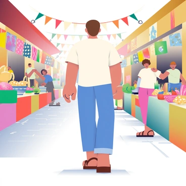 A 3D human figure with light skin and short brown hair is actively browsing through stalls in a bustling historical marketplace. The figure is dressed in a casual outfit consisting of a white shirt, blue jeans, and brown sandals. Surrounding the figure are stalls adorned with a variety of colorful goods including vibrant fabrics, handcrafted pottery, and fresh produce. Some of the fabrics are flowing in the gentle breeze, while the pottery showcases intricate designs. In the background, there are other shoppers engaging with vendors, and the cobblestone ground adds to the historical ambiance of the scene. Bright banners are strung between the stalls, adding to the lively atmosphere.