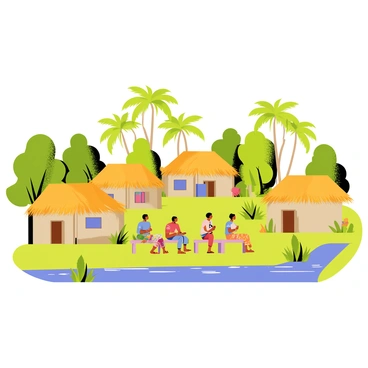 A peaceful Amazonian village featuring several traditional wooden huts with thatched roofs. The huts are surrounded by lush green trees and vibrant tropical plants. In the center of the village, there is a gathering of villagers engaged in conversation, wearing colorful clothing. Some villagers are sitting on handmade benches while others are standing, enjoying the warm sun. Nearby, a small river can be seen reflecting the bright blue sky, adding to the serene atmosphere of the scene.