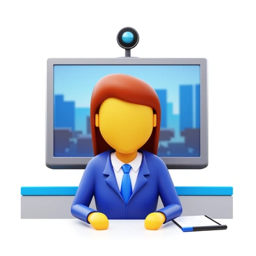 A job candidate sitting in a well-lit room in front of a computer camera during a virtual interview. The candidate is wearing a smart suit and has a focused expression. The computer screen displays a video call interface with a professional background visible behind the candidate. The candidate's hands are resting on the table in front of them, and there are notes and a pen nearby. The atmosphere is professional and organized.