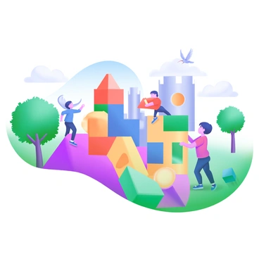 A vibrant scene of children playing outside in a sunny park. They are engaged in building elaborate structures using giant geometric blocks in various colors, including red, blue, yellow, and green. Some children are stacking the blocks carefully, while others are collaborating to design a large castle. In the background, there are lush green trees and a clear blue sky. A few birds can be seen flying above, adding life to the playful atmosphere.