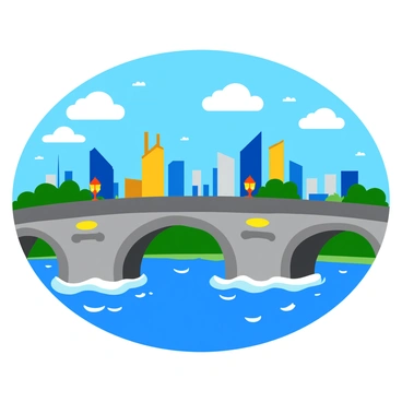 A grand bridge with intricate stone arches spanning over a flowing river. The bridge features decorative details along its sides and is illuminated by warm lights. Below, the river reflects the soft glow of the bridge. In the background, a vibrant city skyline rises, showcasing tall buildings with various shapes and sizes. The sky above the city is a bright blue with fluffy white clouds scattered throughout.
