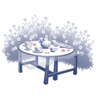 A table is elegantly set for a tea party in a garden. The table is adorned with floral-patterned china, including cups, saucers, and a teapot, all featuring intricate floral designs. Scattered across the table are fresh blossoms, adding a natural charm to the arrangement. A lace tablecloth gently drapes over the edges of the table, creating a delicate touch. In the background, lush greenery and blooming flowers frame the scene, enhancing the overall atmosphere of the garden setting.