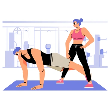 A personal trainer demonstrating diamond push-ups in a gym setting. The trainer is positioned on a blue exercise mat, with their hands close together in a diamond shape. The trainer is wearing a black tank top and gray shorts, showcasing a muscular build. A client, a woman in a red sports bra and black leggings, is observing closely, ready to perform the exercise. The gym has various exercise equipment in the background, including weights and cardio machines. Bright overhead lights illuminate the area, creating a lively atmosphere for fitness.