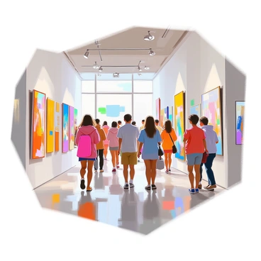 Visitors are walking through a bright gallery space filled with vibrant student artwork displayed on white walls. Various pieces, including paintings, sculptures, and mixed media works, capture the attention of the attendees. Some visitors are closely examining the details of the artwork, while others are discussing their interpretations in small groups. The gallery is illuminated by natural light streaming through large windows, enhancing the colors and textures of the art. A subtle sense of excitement and curiosity fills the atmosphere as the students' creativity is celebrated.