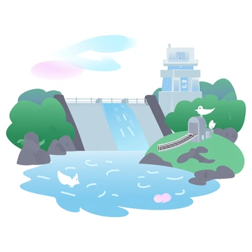 A serene landscape features a hydropower dam surrounded by lush greenery. The water flows steadily from the dam, creating ripples that catch the light. Various wildlife, such as birds and small mammals, are visible in the foreground, enjoying the habitat. A series of protective measures, including a fish ladder and fencing, are positioned near the water's edge to ensure safety for the animals. In the background, the dam structure stands tall with machinery and control panels visible. The sky above is painted in gradient pastel colors, enhancing the tranquil scene.