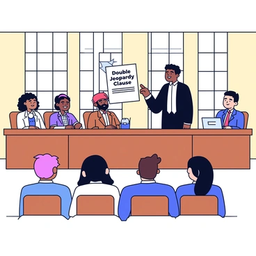 A courtroom scene with wooden paneling and tall windows allowing soft light to filter in. In the center, a judge wearing a black robe stands behind a large wooden bench. The judge is pointing towards a document that clearly displays the words “Double Jeopardy Clause.” In front of the judge, a diverse jury is seated on wooden chairs, all looking attentively towards the judge. The jurors are of various ages and ethnic backgrounds, with expressions of curiosity and concentration. To the side, a courtroom clerk is seated at a desk, eyes focused on the proceedings.