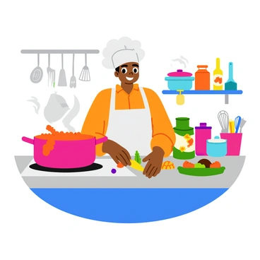 A chef with a white hat and a clean white apron stands at a cluttered countertop in a colorful kitchen. The chef is stirring a large pot filled with a bubbling mixture on the stove. Various ingredients like diced vegetables, spices, and herbs are scattered around the countertop. Brightly colored pots and pans hang from a rack above, and a vibrant array of kitchen utensils is neatly organized nearby. The chef has a joyful expression, and there are steam and aromatic waves rising from the pot, creating an inviting atmosphere.