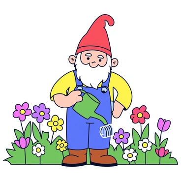 A gnome character with a red hat and a white beard is smiling while tending to a flower garden. The gnome is wearing blue overalls and brown boots. He is holding a green watering can, pouring water onto a variety of colorful flowers, including tulips and daisies. The garden is filled with different shades of green grass and bright flowers blooming all around the gnome.