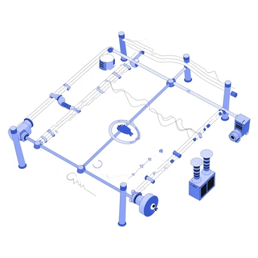 A vast network of energy grids is depicted in the image. The grids consist of interconnecting lines and nodes that create a complex structure. Electric currents are visibly flowing through the lines, represented by dynamic waveforms and pulses traveling along the pathways. Various transformers and substations are integrated into the grid, featuring mechanical components and intricate designs. The overall layout showcases a sense of scale and connectivity among the energy grid systems.