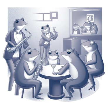 A speakeasy scene featuring several frogs gathered around a small round table. The frogs are dressed in vintage attire, with some wearing bow ties and others in flapper dresses. One frog is playing a saxophone, while another is sitting at the bar, holding a cocktail glass. The establishment is dimly lit, with retro decor including a small stage in the background where a jazz band is performing. Some frogs are dancing near the stage, while others are chatting animatedly among themselves. The atmosphere is filled with energy, showcasing the joy of the frogs as they enjoy their evening.