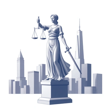 A majestic statue of Lady Justice, holding a sword and scales, with a backdrop of cityscape