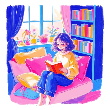 A girl with curly hair is sitting in a cozy reading nook. She is nestled among soft, colorful cushions in various shapes and sizes. Around her, there are shelves filled with a variety of books, some stacked horizontally while others stand vertically. A small lamp with a warm glow is positioned nearby, illuminating her face. The nook has a window that lets in soft natural light, creating a comfortable atmosphere. The girl holds an open book in her lap, deeply engrossed in reading.