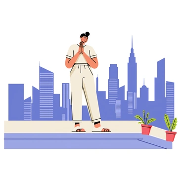 A person standing on a rooftop with their hands in a "namaste" gesture. The individual is wearing comfortable, light-colored clothing. In the background, a sprawling cityscape is visible, filled with tall buildings and skyscrapers. The sky is bright and clear, enhancing the vibrant atmosphere of the bustling city below. The rooftop has small potted plants adding a touch of greenery to the scene.