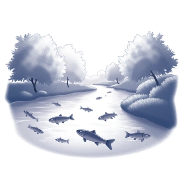 A river flows smoothly through a landscape. The water is clear, revealing various fish swimming gracefully beneath the surface. The fish vary in size and shape, displaying different textures. Above the water, lush greenery lines the riverbanks, with a mix of trees and shrubs creating a dense foliage. Sunlight filters through the leaves, casting intricate shadows on the water. The scene conveys a sense of tranquility and harmony with nature.