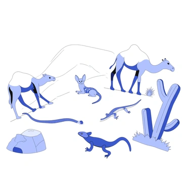 A desert landscape is depicted, showcasing various animals that have adapted to this arid environment. A camel is shown walking across the sandy terrain, with its humps clearly visible and its long legs helping it traverse the dunes. A sidewinder rattlesnake is coiled among the rocks, camouflaged with the sandy colors of the surface. Nearby, a small fennec fox is resting in the shade of a sparse desert bush, its large ears alert for any sounds. In the foreground, a horned lizard is sunning itself on a sun-bleached rock, blending seamlessly with its surroundings. Cacti are scattered throughout the scene, their spines providing a stark contrast against the soft sand. The sky above is vast, emphasizing the openness of the desert environment.