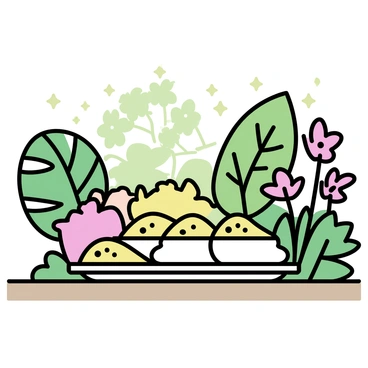 A plate of food featuring tinned fish, placed on a wooden table. The plate is arranged with colorful vegetables, creating a vibrant contrast. Surrounding the plate are various exotic plants, including large green leaves and bright flowers, adding a lush tropical feel to the setting. The background hints at a sunny atmosphere with soft dappled light filtering through the foliage.