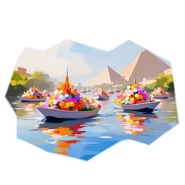Vibrant festival floats adorned with a multitude of colorful flowers are drifting gracefully on the surface of the Nile River. Each float is uniquely designed, showcasing an array of bright blooms in shades of red, yellow, blue, and purple. The water reflects the vivid colors of the flowers, creating a stunning visual contrast. Surrounding the floats, the lush greenery of the riverbanks is visible, adding to the festive atmosphere. In the background, gentle waves ripple as the boats glide along, and the clear sky above enhances the overall brightness of the scene.