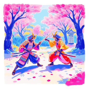 Two samurai warriors are engaged in a duel in a cherry blossom garden. One samurai is wearing traditional armor with ornate details, holding a katana in a defensive stance. The other samurai is in a flowing kimono, poised to strike with a raised sword. Cherry blossom trees surround the scene, with vibrant pink petals falling gently to the ground. In the background, a small stone lantern adds to the serene atmosphere of the garden. The ground is covered with a carpet of pink petals.