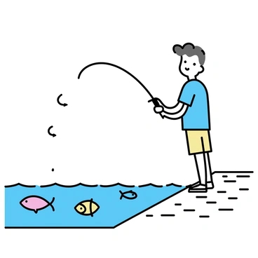 A man dressed in a blue shirt and beige shorts is standing on a wooden pier, casting his fishing line into the water. The fishing rod is extended outward, with the line gracefully arching away. Below the surface of the water, several fish with distinctive colors and patterns are swimming, creating ripples in the water. The wooden planks of the pier are weathered, showing signs of age and use. The scene captures the tranquility of a fishing day by the water.