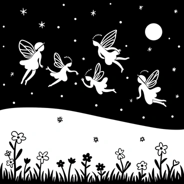Several fairies with delicate wings fluttering above a grassy field under a moonlit sky. The fairies are in mid-flight, with some trailing shimmering dust as they chase one another. The field is dotted with wildflowers, illuminated by the moonlight. Above, numerous stars twinkle, creating a sparkling backdrop to the scene.