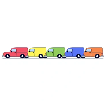 A lineup of delivery cars parked in a row, each car featuring a distinct bright color. The first car is red, the second is yellow, the third is green, the fourth is blue, and the last one is orange. Each car has a simple design with a smooth body shape and large windows. The cars are positioned evenly with a small gap between them, and they are all parked on a flat surface.