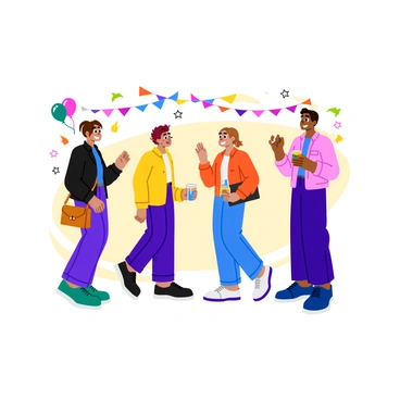 A group of four friends is gathered together in a lively setting at a party. Two friends are standing close, smiling and whispering to each other while looking at a third friend across the room. The third friend is laughing and engaging with someone else, completely unaware of the matchmaking plans being made. The fourth friend, holding a drink, is gesturing animatedly to the others, adding to the playful atmosphere. Colorful balloons and streamers decorate the background, enhancing the festive mood. Everyone is dressed in vibrant, casual party attire, contributing to the cheerful vibe of the scene.