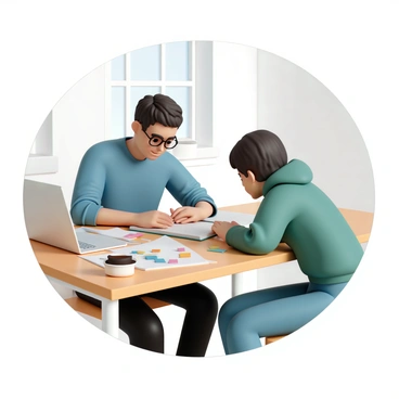 A tutor, wearing glasses, a blue shirt, and black pants, is sitting at a wooden table, helping a student. The student, wearing a green hoodie and jeans, is leaning forward, looking attentive. Textbooks and notes are spread out on the table, with colorful sticky notes marking important sections. A laptop is open next to a cup of coffee, and a window in the background lets in natural light, illuminating the study space. The atmosphere is focused and supportive.