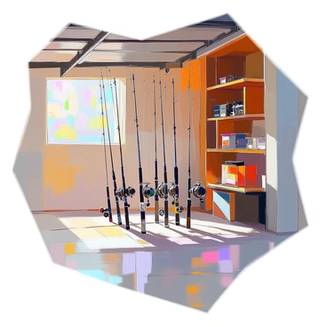 A collection of fishing rods displayed neatly in a garage, arranged in a holder against the wall. The rods are of various lengths and colors, each with reels attached, showcasing their shiny metallic components. The garage features wooden shelving filled with tackle boxes and fishing gear, including lures and bait containers. Sunlight filters in through a small window, casting gentle shadows across the concrete floor, creating an inviting atmosphere for the next fishing adventure.