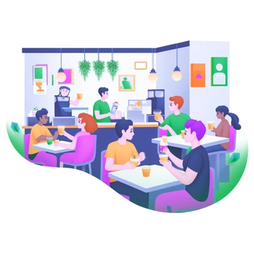 A modern pastel illustration of a bustling café interior filled with a diverse group of people. Several tables are occupied by individuals and small groups, all engaged in animated conversations. Each person is holding a drink, with some enjoying coffee in colorful mugs, while others sip refreshing iced beverages. The atmosphere is enhanced by vibrant decor, including hanging plants, colorful artwork on the walls, and warm lighting fixtures. Baristas can be seen behind the counter, preparing drinks and taking orders, adding to the lively ambiance of the scene.
