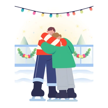 Two children are embracing on an ice skating rink. The first child is wearing a red and white striped sweater, dark blue jeans, and black ice skates. The second child is dressed in a green puffy jacket, grey pants, and red mittens, also wearing black ice skates. The rink is illuminated by colorful holiday lights strung above, casting a warm glow. In the background, festive decorations are visible, including colorful garlands and twinkling fairy lights. The scene captures the joyful spirit of the holiday season.
