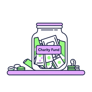 A donation jar is placed on a wooden table. The jar is clear glass with a round shape and a tight-fitting lid. It features a label that reads "Charity Fund" in bold letters, positioned prominently on the front. Inside the jar, there are various denominations of bills and coins stacked neatly, reflecting the act of giving. Around the jar, there are a few scattered coins on the table surface, emphasizing the theme of collecting donations.