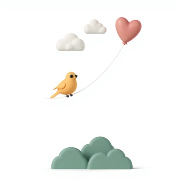 A small bird, with bright yellow feathers and a tiny beak, is perched on a thin string. The string is attached to a red, heart-shaped balloon that is floating gently in the air. The bird's wings are slightly spread, and its wide eyes are focused on the balloon. Below, a lush green landscape stretches out, providing a vibrant backdrop to the scene. The sky above is clear with a few fluffy white clouds drifting by.