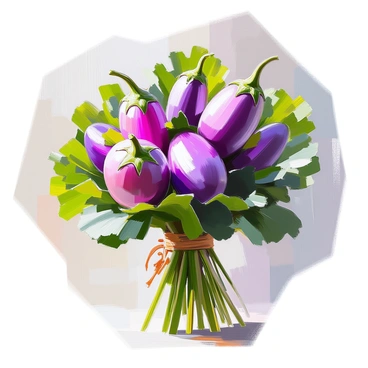 A creative bouquet composed entirely of large, glossy aubergines arranged artistically among lush, dark green leafy greens. The aubergines, with their deep purple skin and smooth texture, are interspersed with vibrant green kale leaves, creating a striking contrast. Some of the greens are gently cascading downwards, while others are artistically fanned out to frame the aubergines. The bouquet is bound together with a natural twine, adding an organic touch to the arrangement. The scene is vibrant and rich in colors, highlighting the unique beauty of the vegetables.